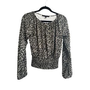 White House Black Market XS Green Camo Animal Print Smocked Hem Blouse Top #6698